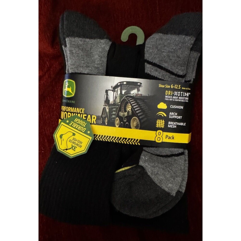 John Deere Men's Performance Workwear Cushioned Crew Socks Black Gray 8-Pack NWT